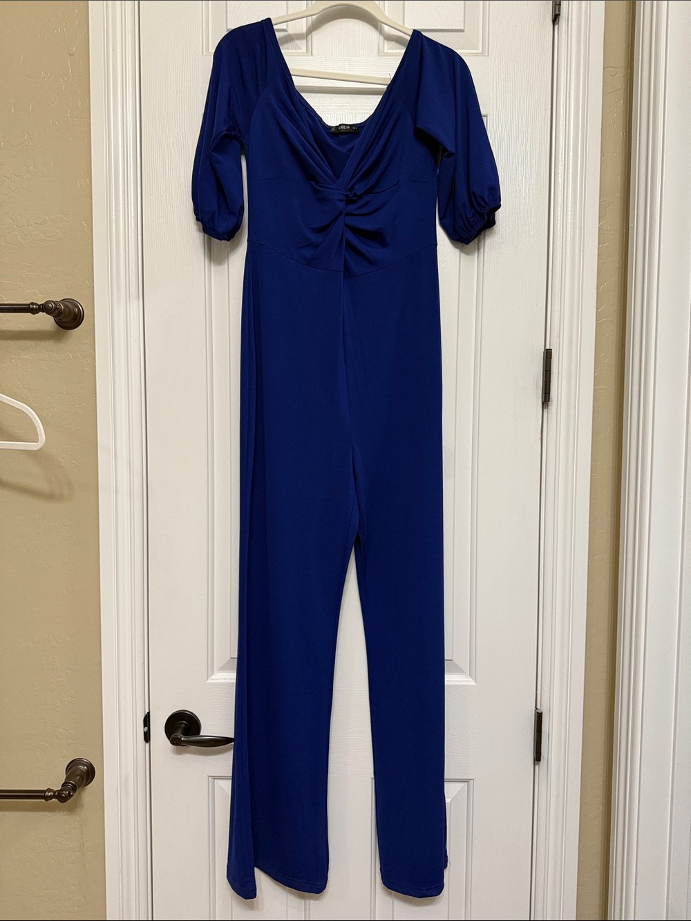 SHEIN Royal Blue Twist-Front Jumpsuit with Puff Sleeves